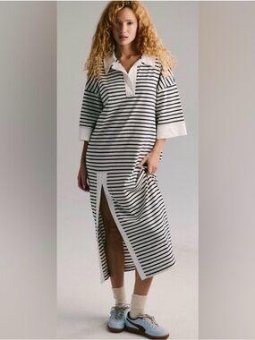 Free People Jackson Rugby Striped Polo Knit Maxi Midi Shirt Dress White Black